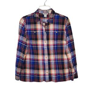 Duluth Trading Womens Free Swingin’ Flannel Button Shirt Sapphire Blue Plaid L